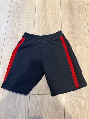 Moncler Navy Boys Athletic Shorts with Red Side Stripes